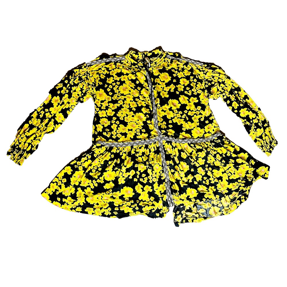 Free People Tunic Mini Dress Womens Small Yellow Floral Long Sleeve Boho